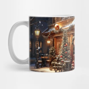 A small, cozy village shop with a snowman out front Mug